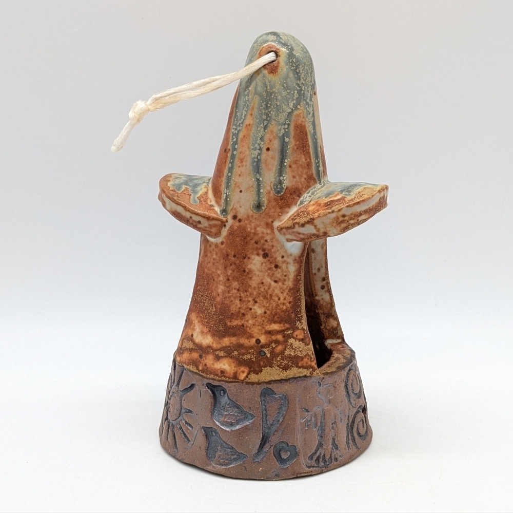 Handmade Earthenware Brown Blue Hanging Bird Feeder